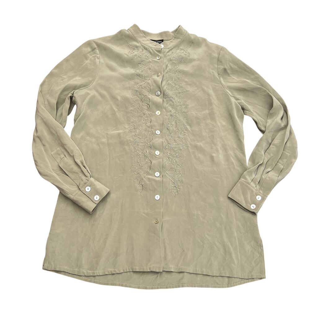 Due Per Due Women's 100% Silk Beige Button Up Embroidered Shirt Size 10